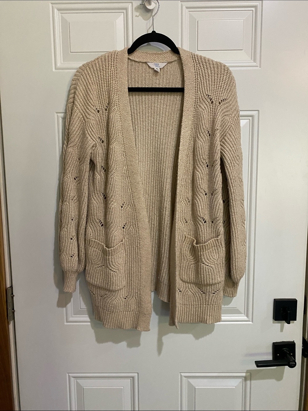Beige Open-Front Knit Cardigan Sweater